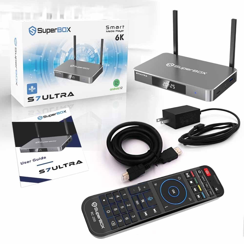 SuperBox S7 Ultra package contents including box backlit remote power cable HDMI cable and guide