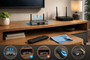 superbox-device-ventilation: Properly ventilated SuperBox placement on an open media console