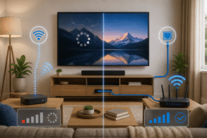 SuperBox TV box setup showing Wi-Fi and Ethernet connections